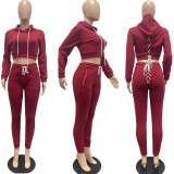 Solid Plush Hooded Lace Up Long Sleeve 2 Piece Pants Set JPF-1056