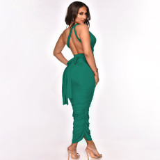 Sexy Solid V Neck Backless Ruched Bodycon Maxi Dress YF-10056