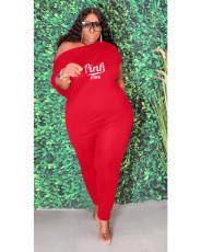 Plus Size Pink Letter Print Two Piece Pants Set YFS-10055