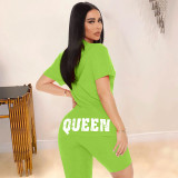 QUEEN Letter Print T Shirt And Shorts 2 Piece Suits WAF-741525