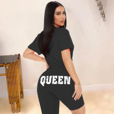 QUEEN Letter Print T Shirt And Shorts 2 Piece Suits WAF-741525