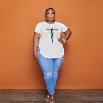 Plus Size Letter Print O Neck Short Sleeve T Shirt HNIF-014