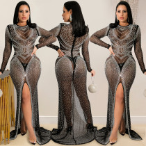 Sexy Hot Drilling See Through Split Night Club Maxi Dress BY-5595