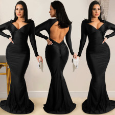 Sexy V Neck Long Sleeve Backless Maxi Evening Dress BY-5627