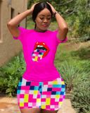 Plus Size Lip Print T Shirt And Shorts 2 Piece Sets NYMF-CL218