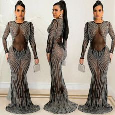 Sexy Hot Drilling Mesh See Through Long Club Dress BY-5606