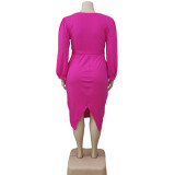 Plus Size Solid V Neck Long Sleeve Sashes Midi Dress WAF-77249