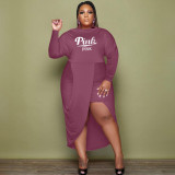 Plus Size Pink Letter Long Sleeve Midi Dress XMF-098