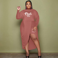 Plus Size Pink Letter Long Sleeve Midi Dress XMF-098