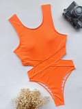 Solid Hollow Out Bikini One Piece Swimsuit CASF-6289