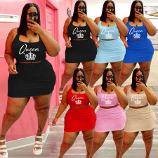 Plus Size Queen Letter Print Tank Top Mini Skirt 2 Piece Sets WAF-7211147