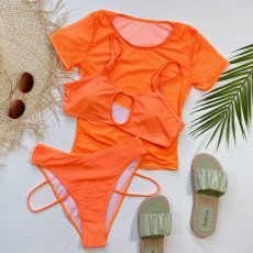 Solid Color Swimsuit Tankinis And Mesh Short Sleeve 3 Piece Set CSYZ-B305