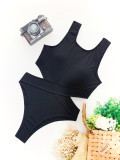 Solid Hollow Out Bikini One Piece Swimsuit CASF-6289