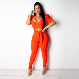 Solid V Neck Two Piece Pants Set NY-8781