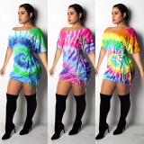 Tie Dye Print Short Sleeve Lace-Up Mini Dress NY-8889