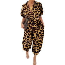 Leopard Print Short Sleeve Sashes Jumpsuit NY-8893