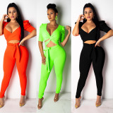 Solid V Neck Two Piece Pants Set NY-8781