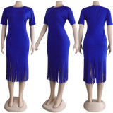 Plus Size Solid Tassel O Neck Short Sleeve Midi Dress NY-8837