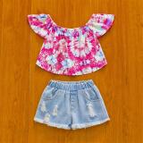Kids Girl Tie Dye Top+Jeans Shorts 2 Piece Sets YKTZ-2208
