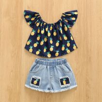 Kids Girl Pineapple Print Top+Hole Jeans Shorts 2 Piece Sets YKTZ-2206