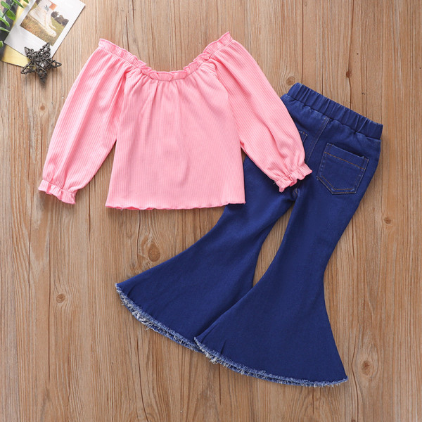 Kids Girl Long Sleeve Top+Ripped Flared Jeans Suits YKTZ-3002