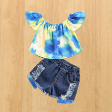 Kids Girl Tie Dye Top+Ripped Jeans Shorts 2 Piece Suits YKTZ-2207