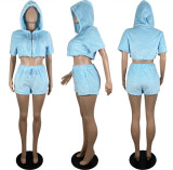Sexy Solid Plush Bra Top+Hooded Coat+Shorts 3 Piece Sets LSL-6464