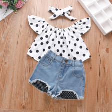 Kids Girl Polka Dot Top+Ripped Jeans Shorts+Headband 3 Piece Sets YKTZ-2090