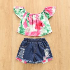 Kids Girl Slash Neck Top+Ripped Jeans Shorts 2 Piece Sets YKTZ-2203