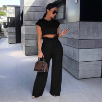 Solid Short Slevee Crop Top And Pants 2 Piece Suits CXLF-8017