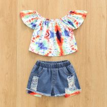 Kids Girl Tie Dye Top+Hole Jeans Shorts 2 Piece Sets YKTZ-2205