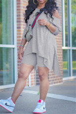 Plus Size Solid Long Sleeve Top+Shorts 2 Piece Sets NY-2012