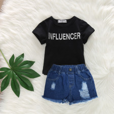 Kids Girl Black T Shirt+Hole Jeans Shorts 2 Piece Sets YKTZ-1159