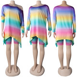Plus Size Tie Dye Long Sleeve Top+Shorts 2 Piece Sets NY-2017
