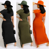 Solid Tassel Short Sleeve O Neck Maxi Dress (Without Belt) MA-Y475