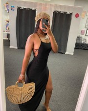 Solid Sexy Backless Cross Strap High Split Maxi Dress NY-2003