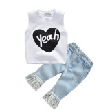 Kids Girl Tank Top+Tassel Jeans 2 Piece Sets YKTZ-1105