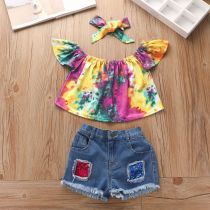 Kids Girl Tie Dye Top+Hole Jeans Shorts+Headband 3 Piece Sets YKTZ-1228
