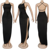 Solid Sexy Backless Cross Strap High Split Maxi Dress NY-2003