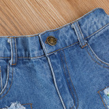 Kids Girl Slash Neck Top+Jeans Shorts+Headband 3 Piece Sets YKTZ-1528