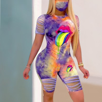 Tie Dye Tongue Print Hole Romper (Without Mask) OD-8478