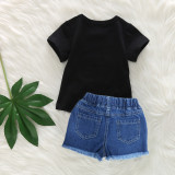 Kids Girl Black T Shirt+Hole Jeans Shorts 2 Piece Sets YKTZ-1159