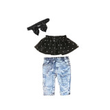 Kids Girl Dot Print Tube Top+Hole Jeans+Headband 3 Piece Sets YKTZ-196
