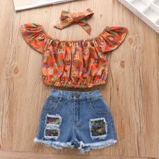 Kids Girl Printed Top+Jeans Shorts+Headband 3 Piece Sets YKTZ-1628