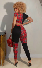 Plaid Patchwork Short Sleeve Two Piece Pants Set BYMF-68888