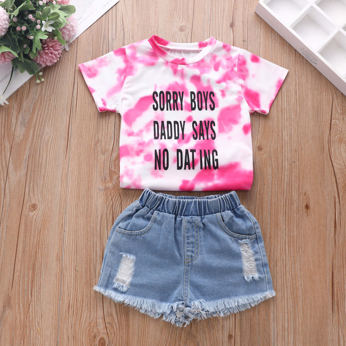 DearFashion Kids Girl Tie Dye T Shirt +Ripped Jeans Shorts 2 Piece