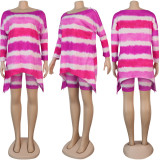 Plus Size Tie Dye Long Sleeve Top+Shorts 2 Piece Sets NY-2017