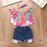 Kids Girl Tie Dye Top+Jeans Shorts+Headband 3 Piece Sets YKTZ-1030