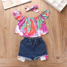 Kids Girl Tie Dye Top+Jeans Shorts+Headband 3 Piece Sets YKTZ-1030