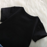 Kids Girl Black T Shirt+Hole Jeans Shorts 2 Piece Sets YKTZ-1159